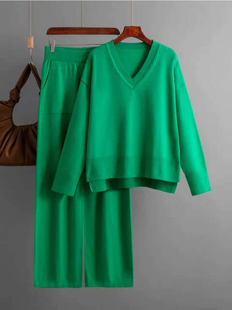 Stylish women's v-neck sweater and wide-leg trousers set. Perfect for casual wear & loungewear.