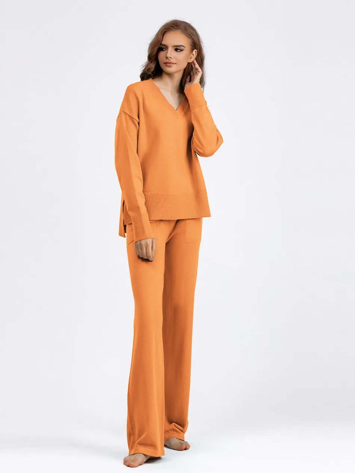 Women's fall/spring set: V-neck sweater, wide-leg trousers. Comfortable, stylish, and relaxed fit.