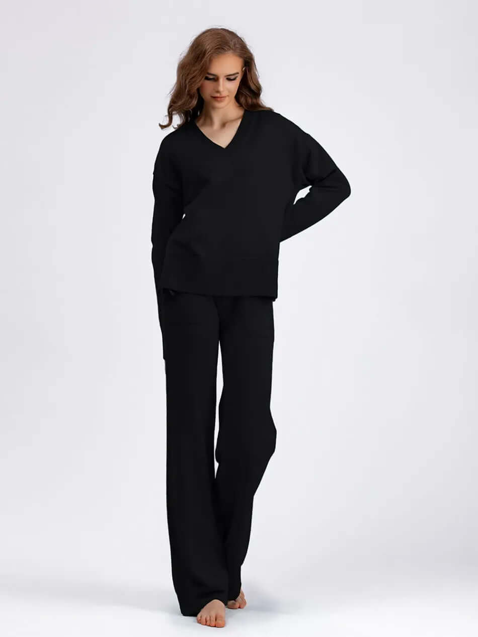 Relaxed women's v-neck top & wide-leg bottom set. Spandex blend, perfect for all-day comfort.