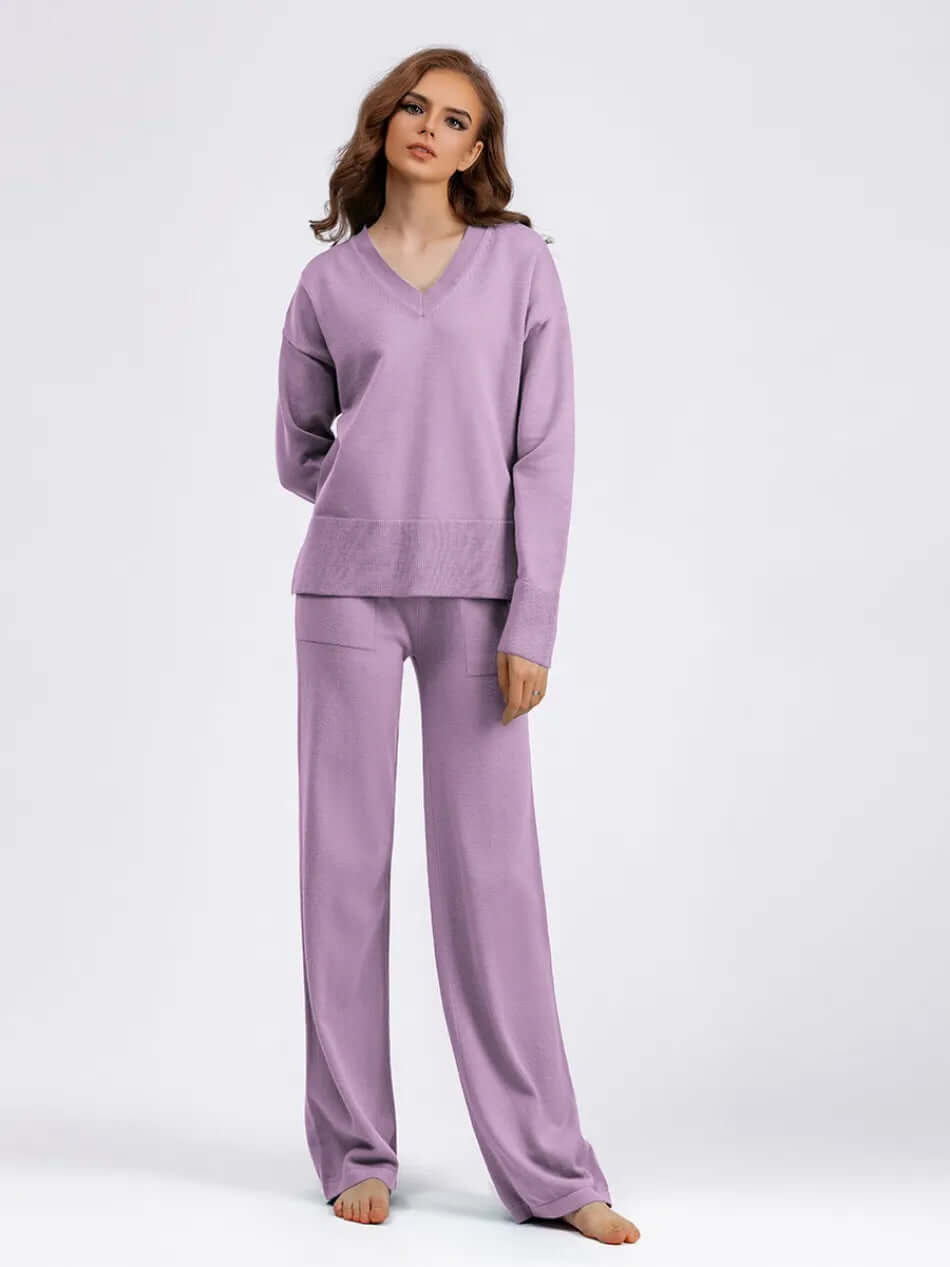 Modern women's v-neck sweater & wide-leg trousers. Casual yet stylish, great for versatile wear.