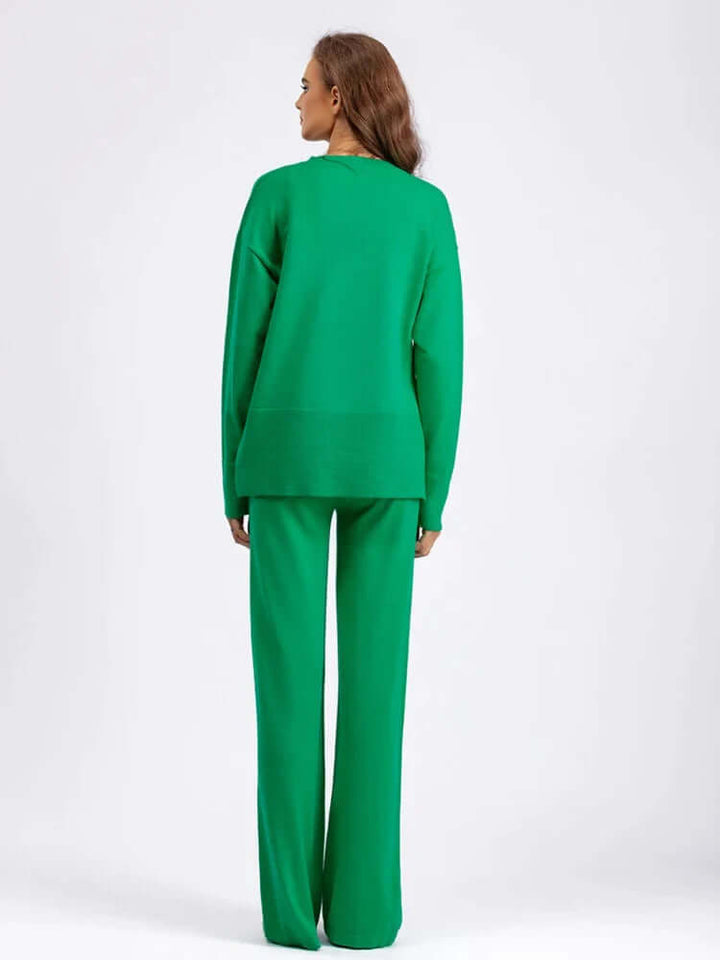 Women's stylish two-piece set featuring a V-neck sweater and wide-leg trousers for effortless comfort.