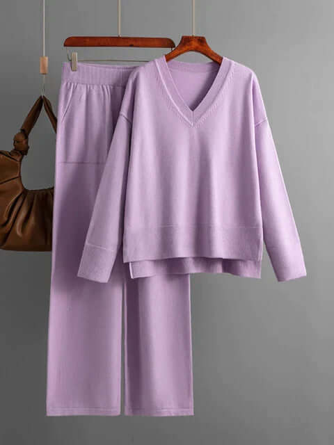 Versatile women's V-neck sweater and wide-leg trousers set. Ideal for spring & fall fashion.