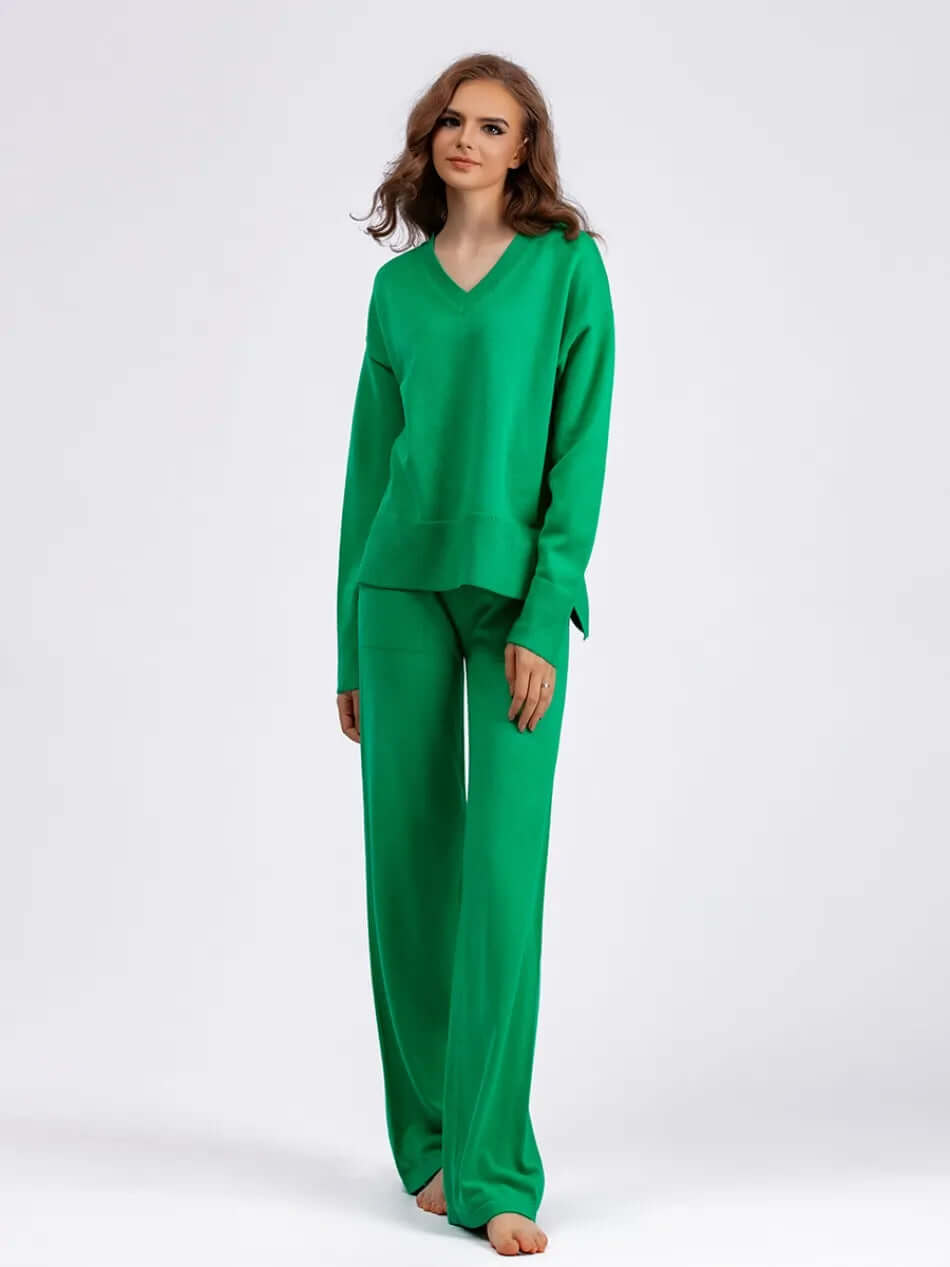 Modern women's fall fashion set: V-neck sweater with wide-leg trousers for ultimate comfort.