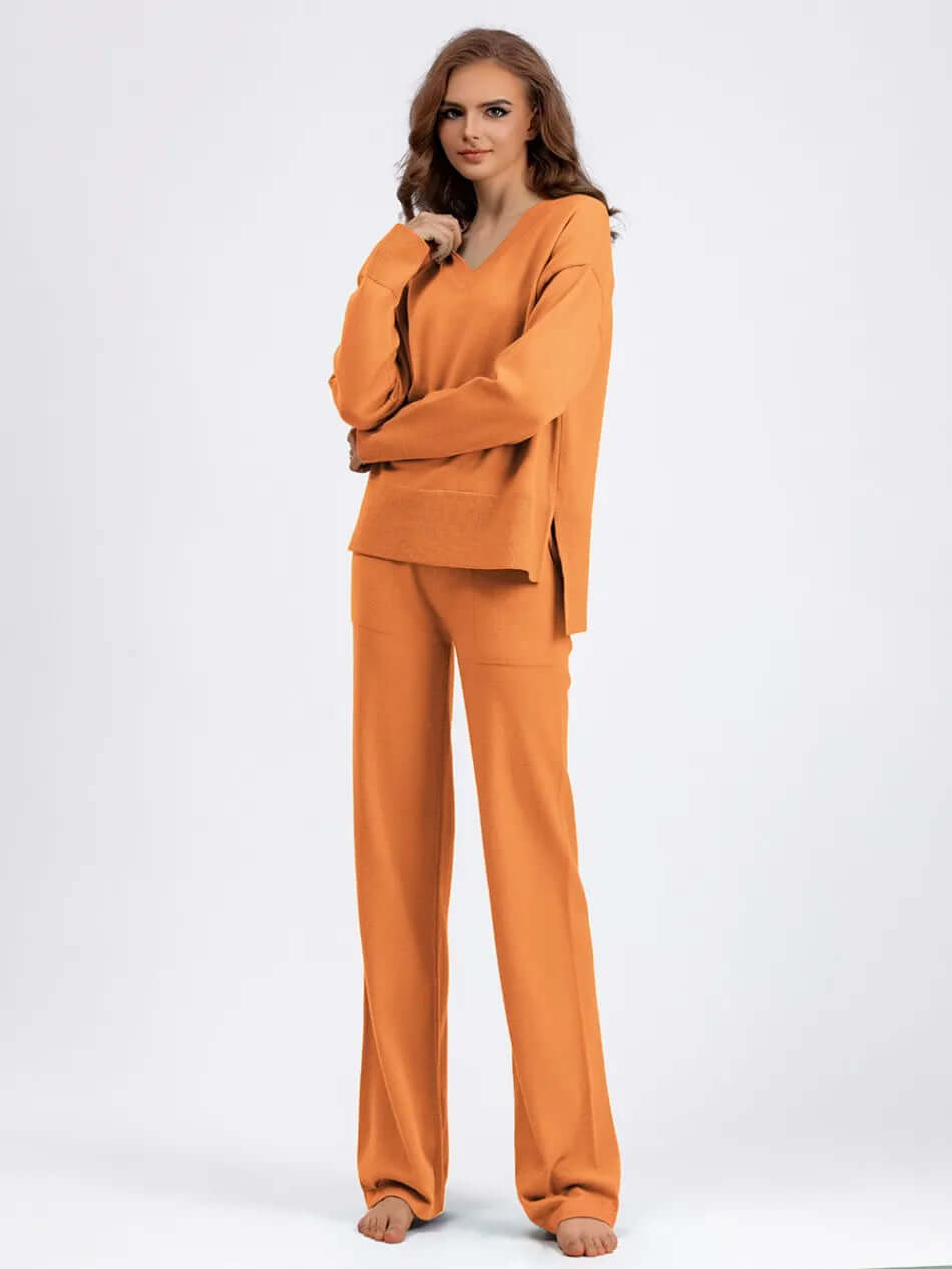 Women's v-neck knit sweater & wide-leg palazzo pants set. Cozy and chic loungewear outfit.
