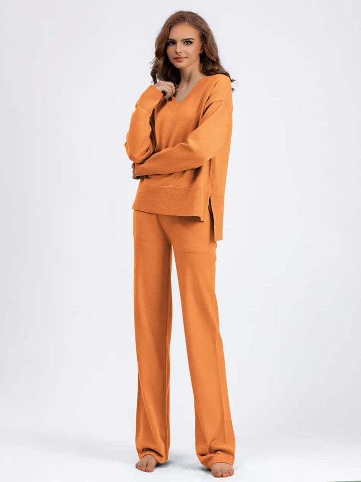 Women's v-neck knit sweater & wide-leg palazzo pants set. Cozy and chic loungewear outfit.