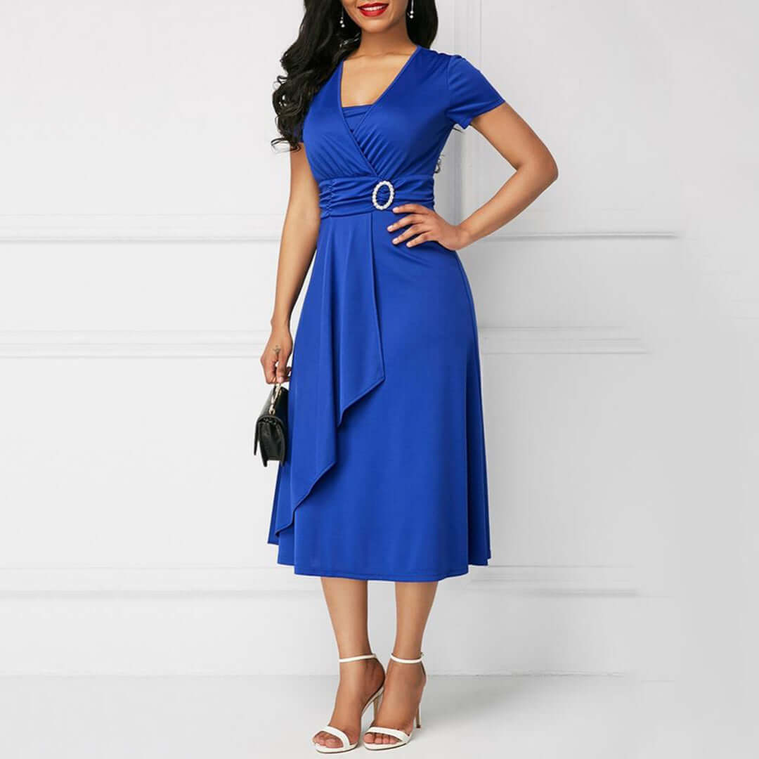 Elegant women's wrap midi dress featuring a V-neck and flattering silhouette. Perfect for both casual and formal wear.