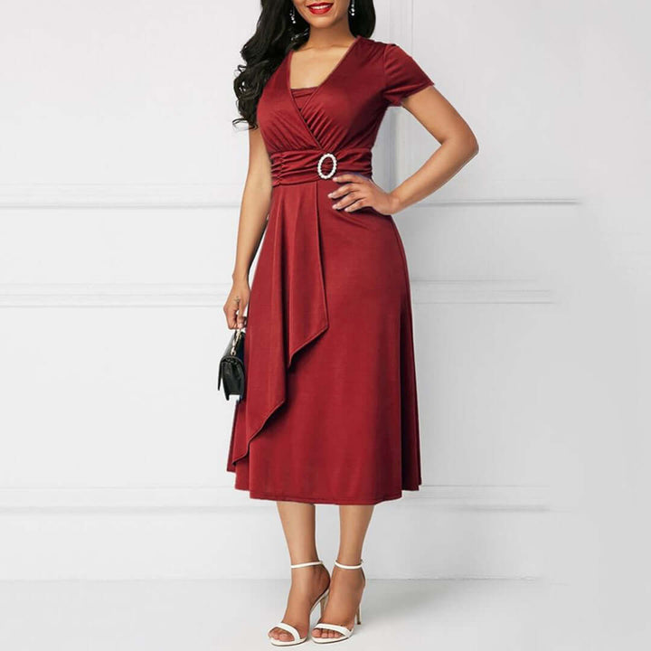 Versatile women's V-neck midi wrap dress. Ideal for effortless casual style or dressed up for formal events.
