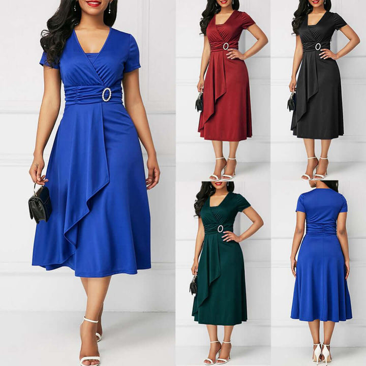 Woman modeling a flattering V-neck wrap midi dress with short sleeves. Elegant fashion for various occasions.