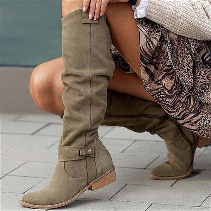 Comfortable flat knee-high women's boots, designed for easy walking & versatile styling.
