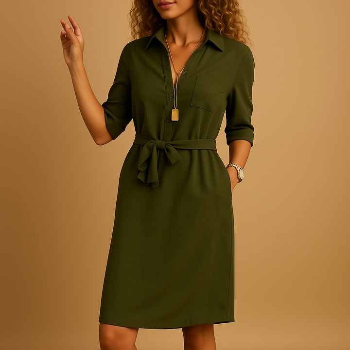 Chic women's collared midi dress with button front & tie waist, a versatile choice for professional or casual wear.