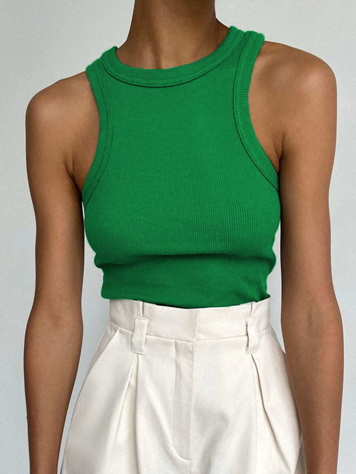 Sleek women's sleeveless ribbed crop tank top, a modern design for versatile styling.
