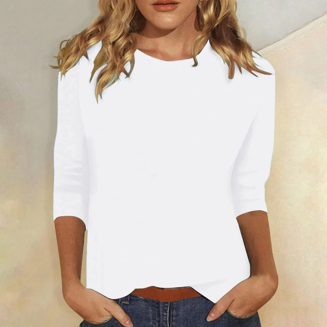 Stylish women's round neck 3/4 sleeve top. Perfect plain, relaxed fit for casual layering.