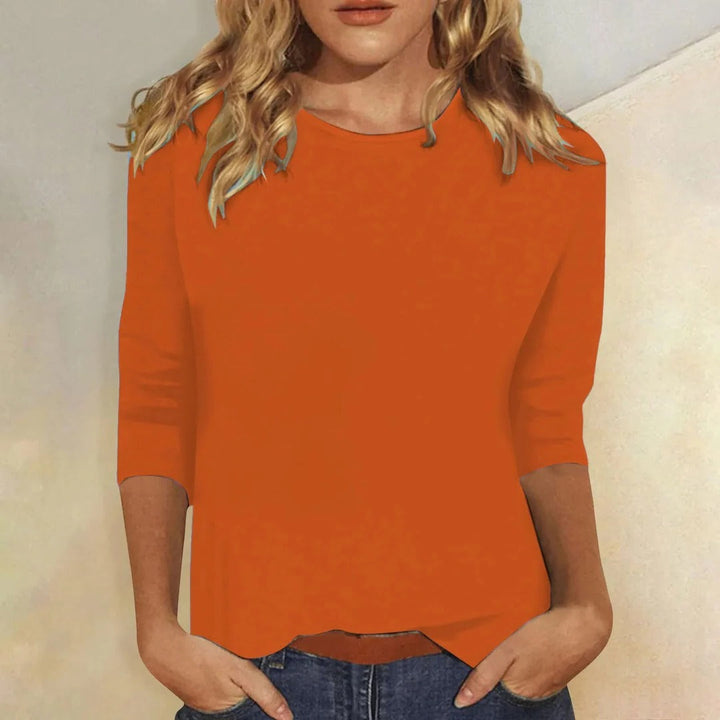 Casual women's round neck 3/4 sleeve layering top. Plain, comfortable, versatile for daily fashion.