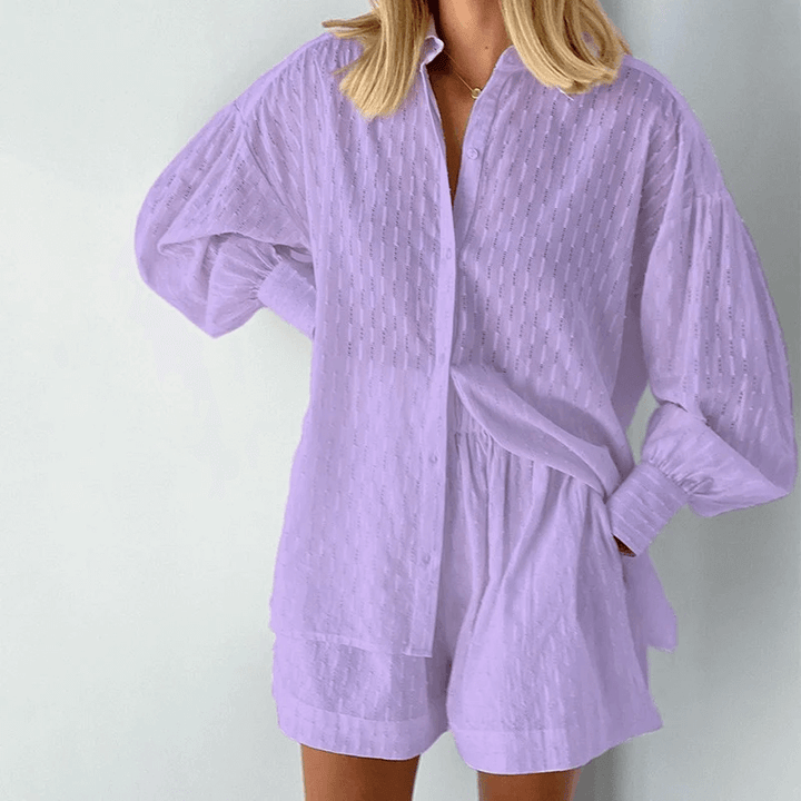 Colorful women's two-piece lounge set in soft fabric. A chic, comfortable casual outfit for versatile fashion.