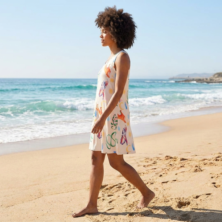 Vibrant patterned women's midi beach dress with square neck. A comfortable, flowy summer vacation outfit.