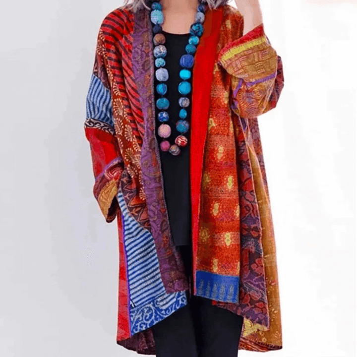Stylish women's vibrant knitwear cardigan, a modern vintage fashion piece. Colorful and versatile for all seasons.