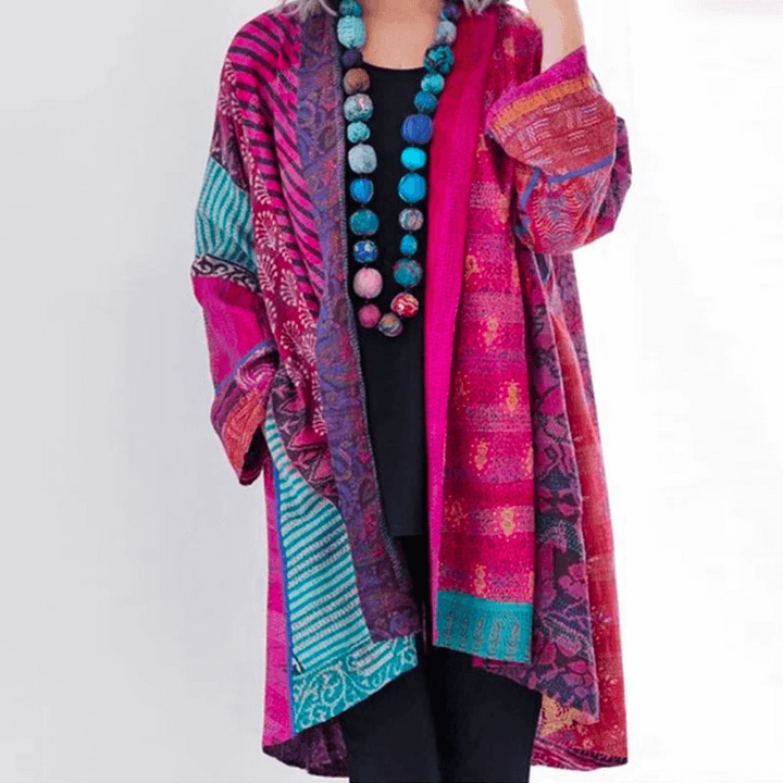 Fashionable women's colorful knit cardigan, modern vintage style. Versatile vibrant outerwear for everyday comfort.