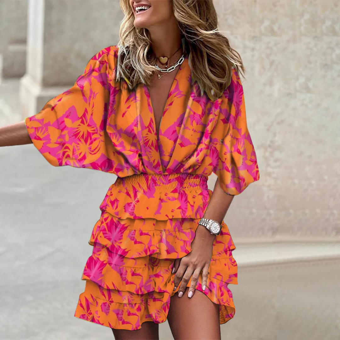 Women's colorful "Sophie" mini dress. Versatile sleeveless design for summer, beach, party, or casual wear.