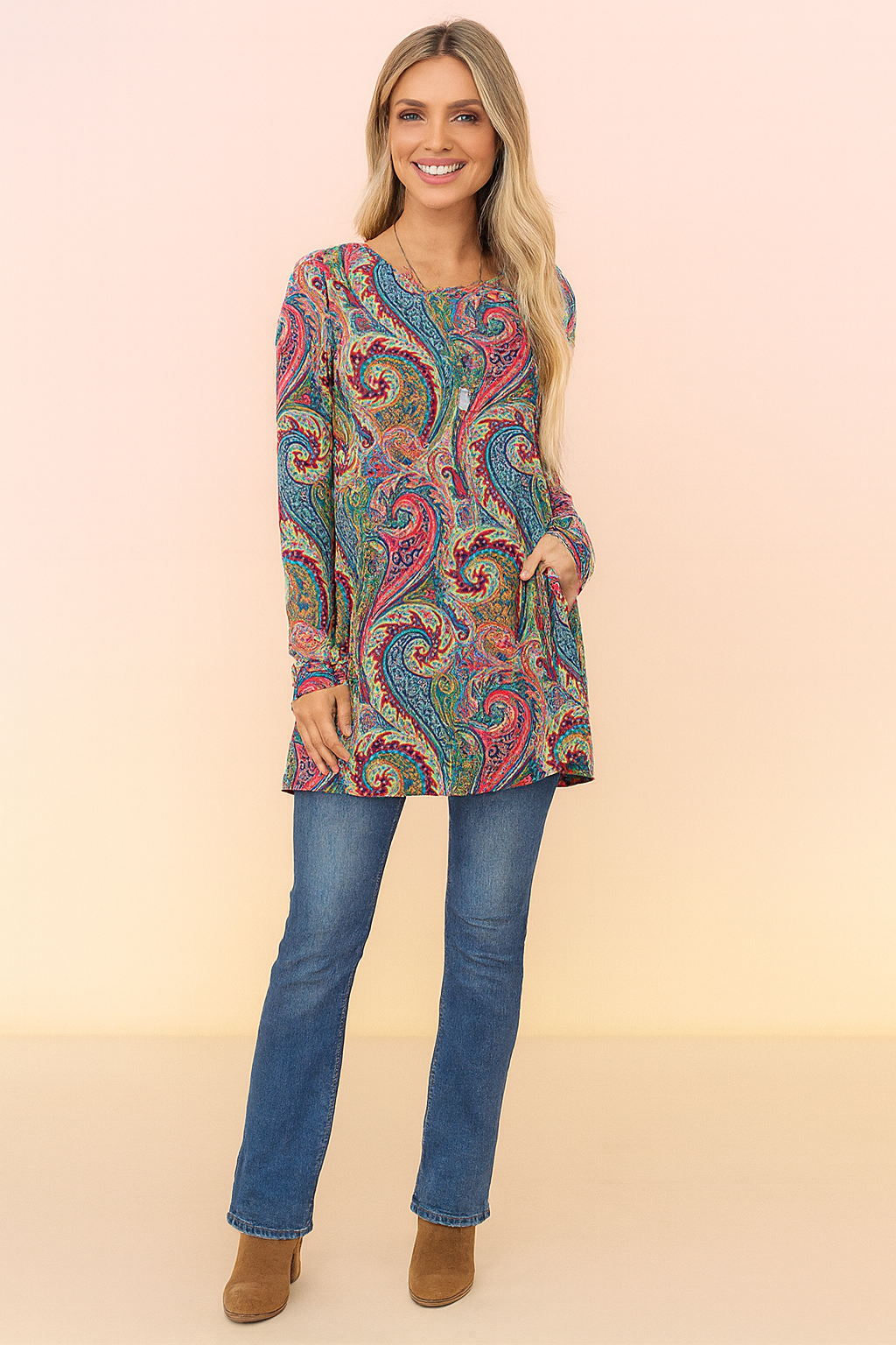 Unique women's paisley print tunic sweater, vibrant pattern & loose fit. A colorful, comfortable long-sleeve pullover.