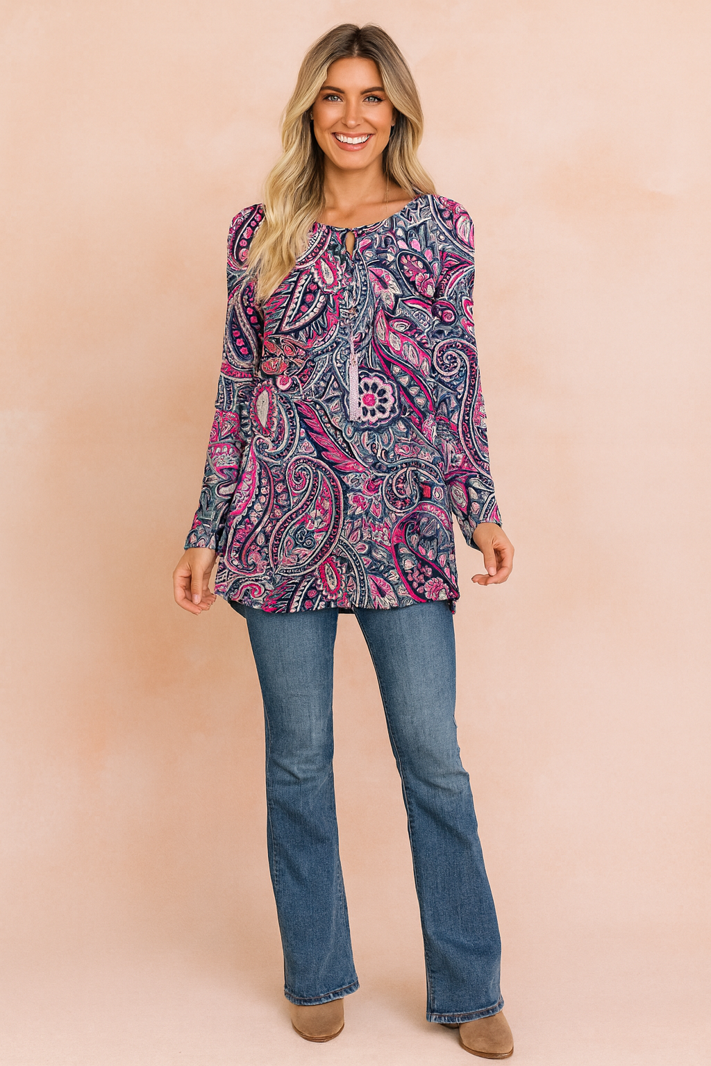 Vibrant paisley print women's tunic sweater, loose fit & colorful. Perfect everyday long-sleeve casual fashion top.