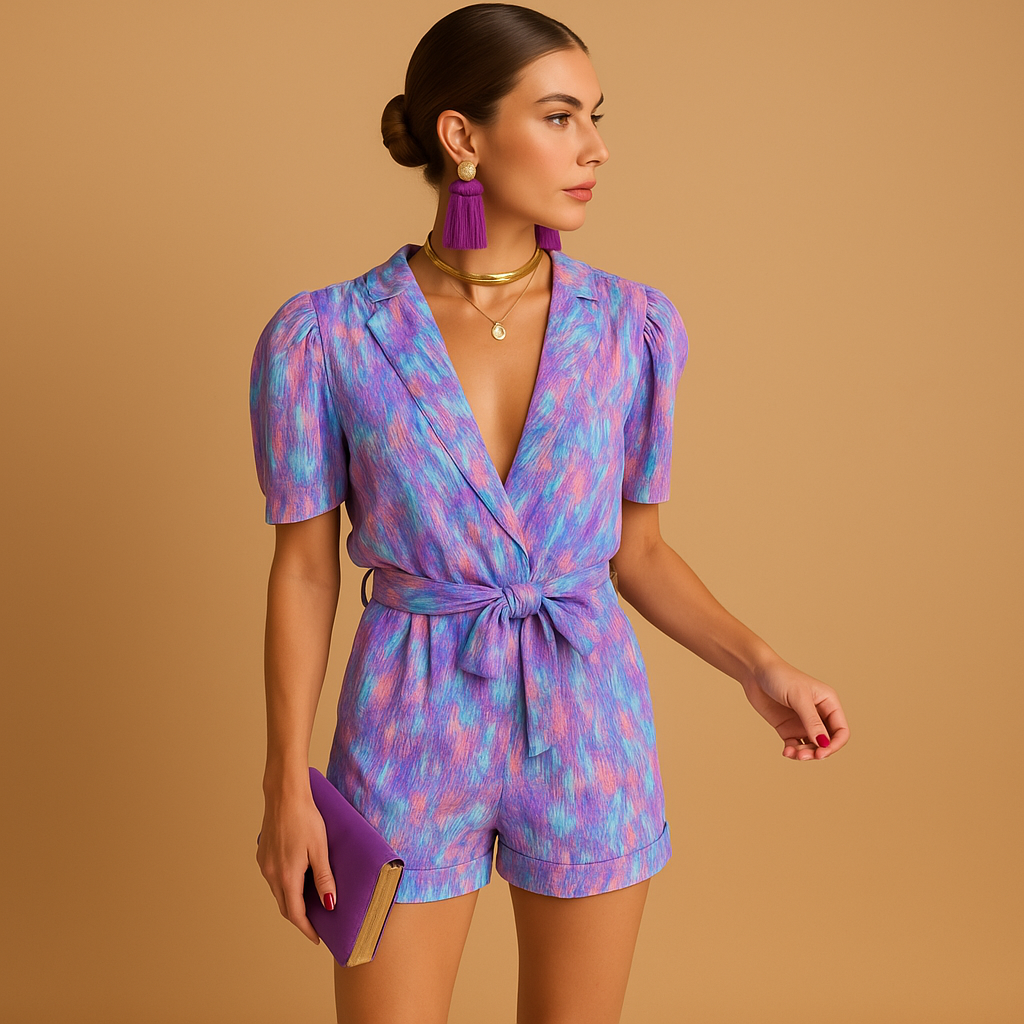 Comfortable women's short jumpsuit featuring a bold vibrant print and a flattering belted waist for summer wear.