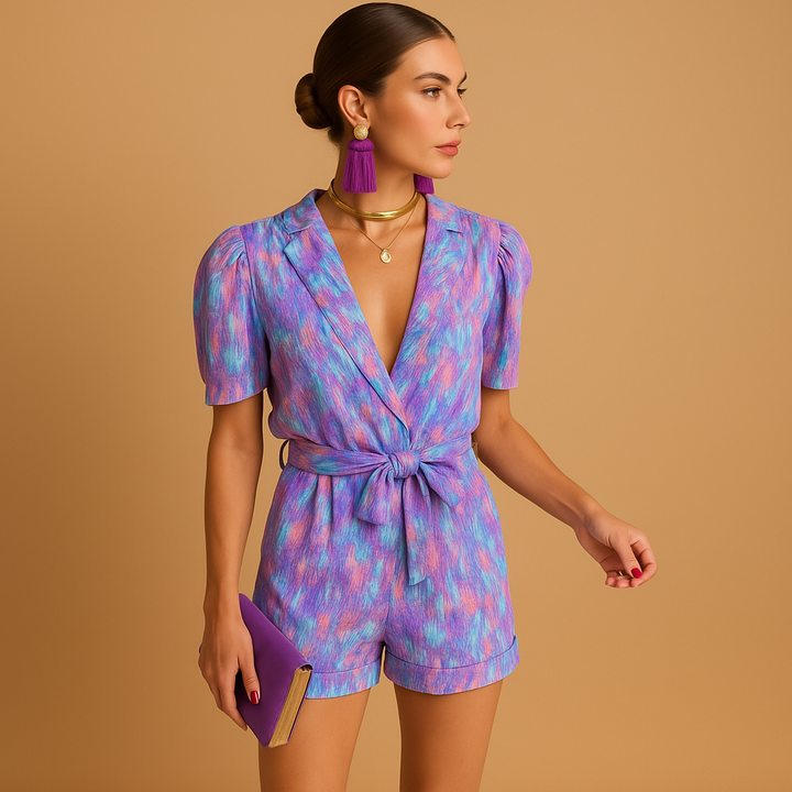 Comfortable women's short jumpsuit featuring a bold vibrant print and a flattering belted waist for summer wear.
