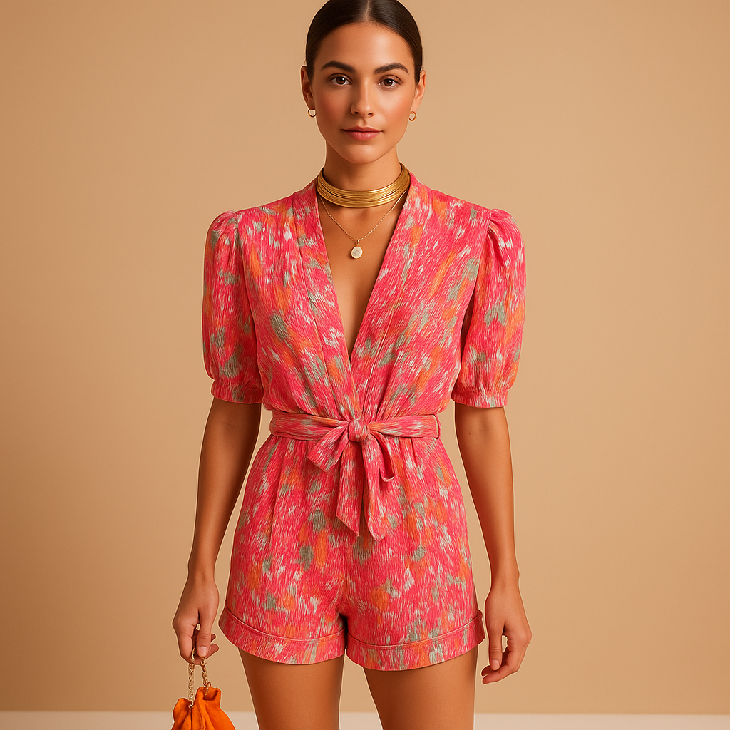Stylish women's vibrant print short jumpsuit with a belt, ideal for casual outings, summer days, or vacation wear.