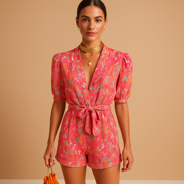 Stylish women's vibrant print short jumpsuit with a belt, ideal for casual outings, summer days, or vacation wear.