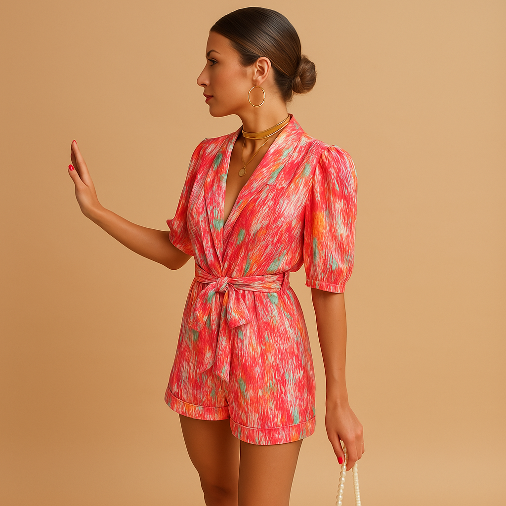 New women's vibrant print short jumpsuit with a fashionable belt for a flattering silhouette, perfect for summer.