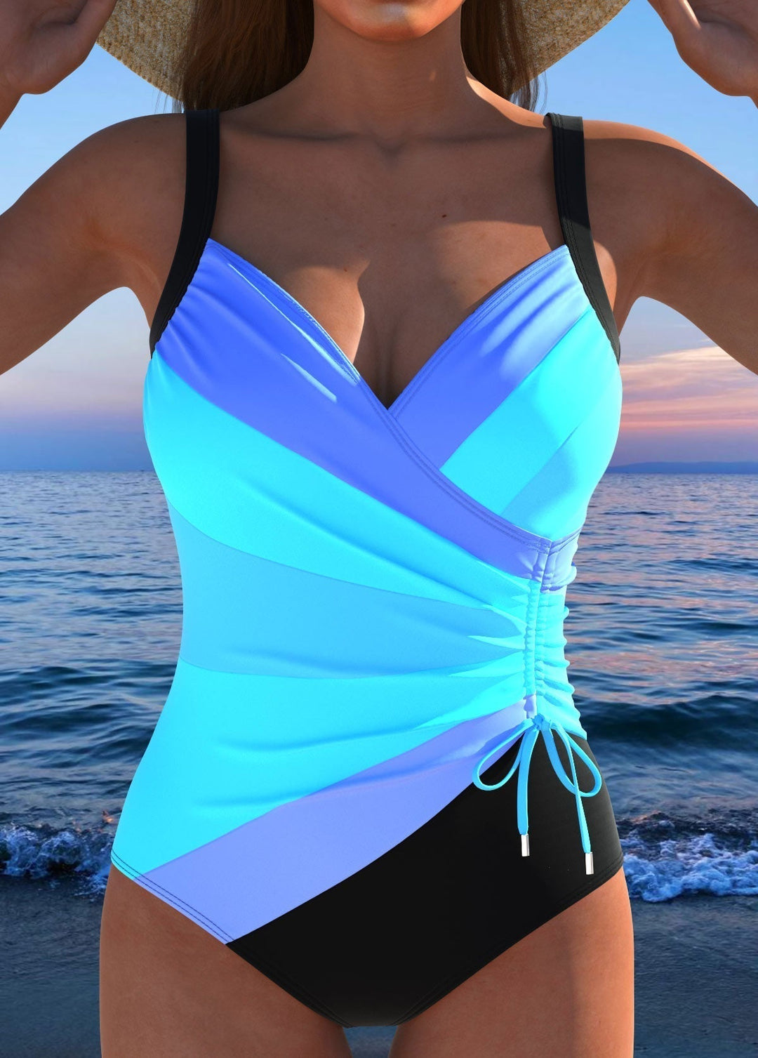 Flattering women's surplice swimsuit with vibrant print & tummy control. Luxe swimwear for your summer vacation.