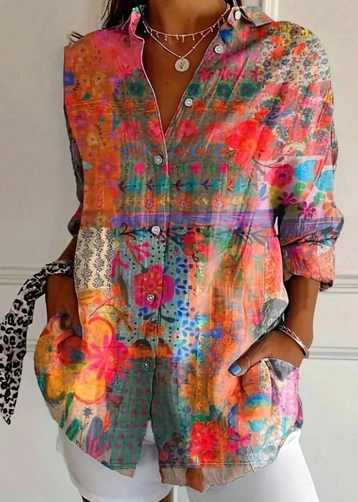 Comfortable women's colorful printed long sleeve blouse, offering vibrant fashion for any daily style.