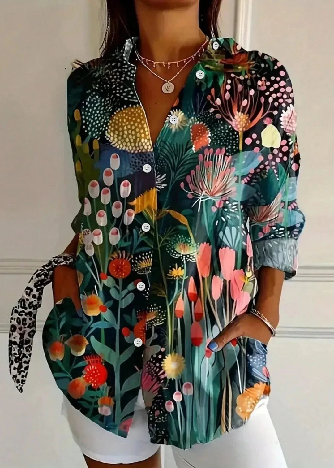 Elegant women's printed top, a vibrant long sleeve blouse for effortless daily style and casual wear.