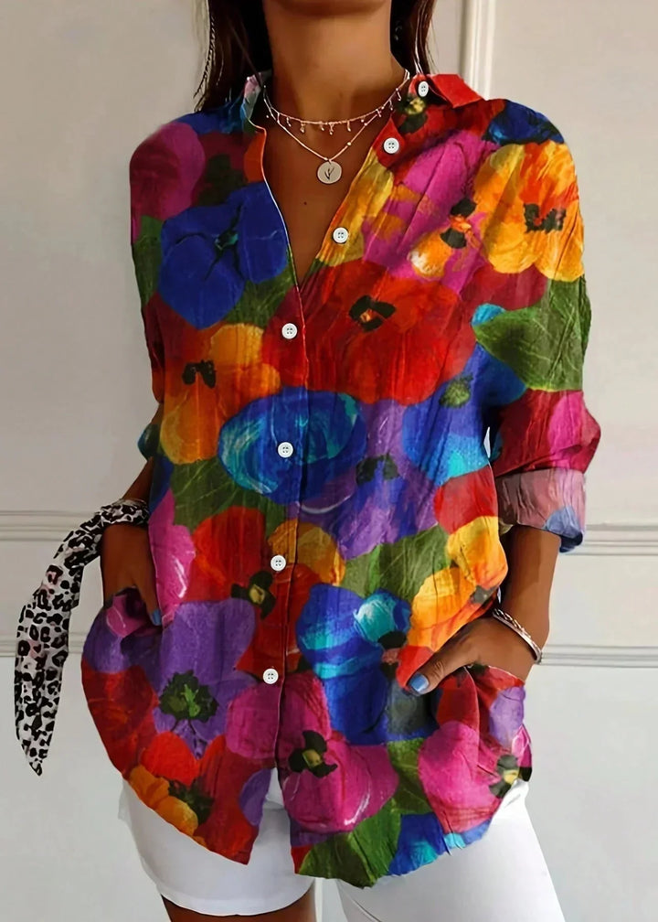 Women's vibrant printed blouse, a comfortable long sleeve top designed for elegant casual daily wear.