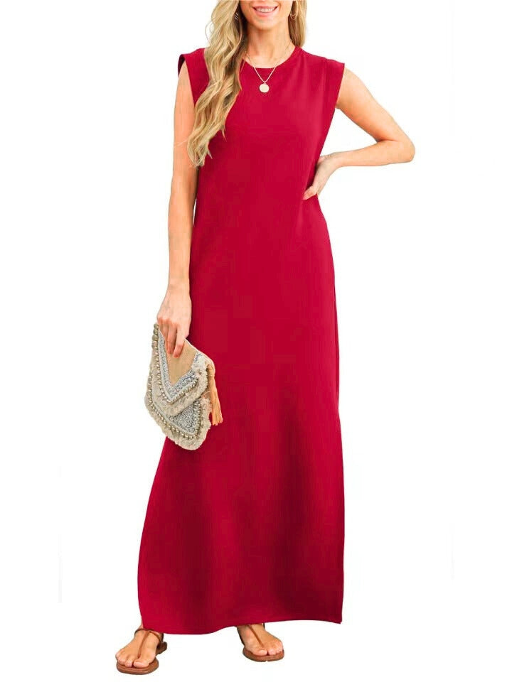 Women's vibrant red sleeveless maxi dress, perfect for effortless summer style, beach, or vacation outfits.
