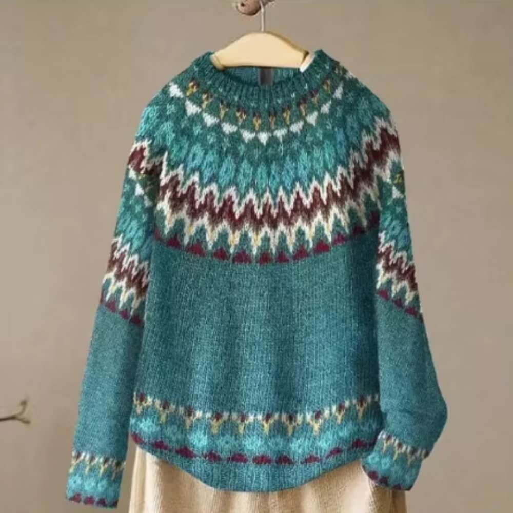 Women's vintage blue knitted sweater, long sleeve, cozy winter fashion for elegant casual wear.