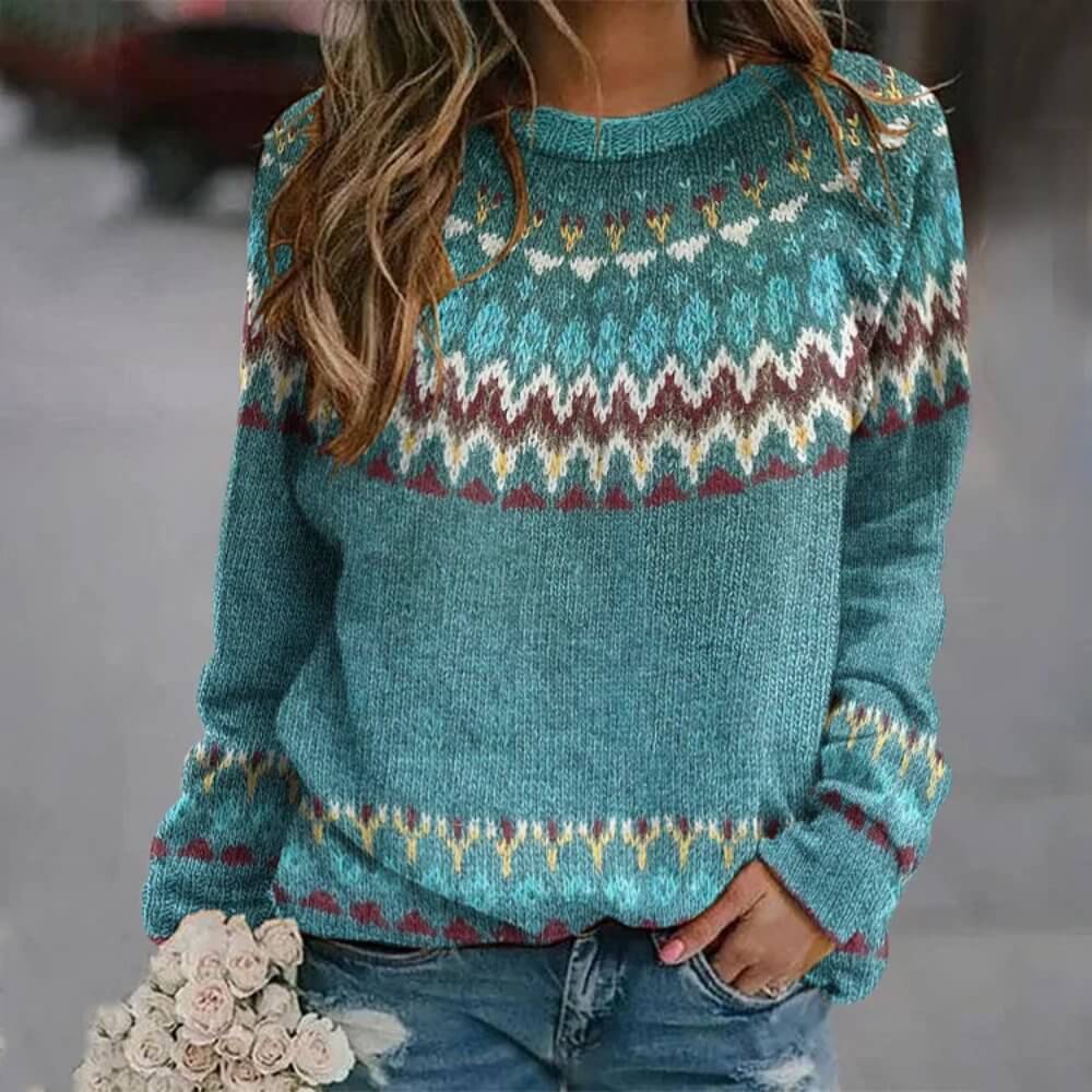 Timeless women's knitted sweater in vintage style, offering cozy comfort and stylish long-sleeve winter fashion.