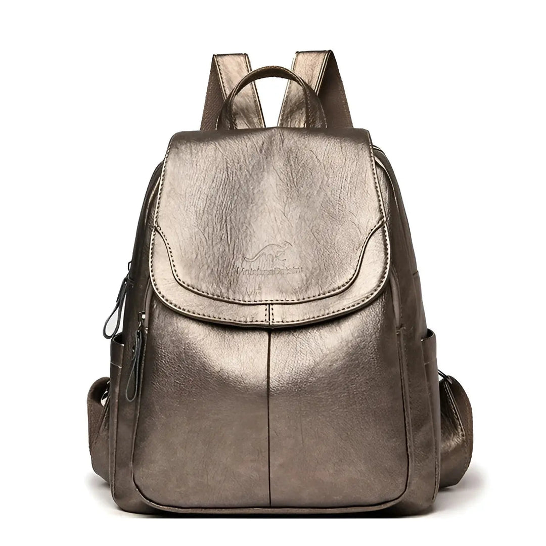 Front view of a women's vintage brown leather backpack, ideal for travel, work, or daily style.