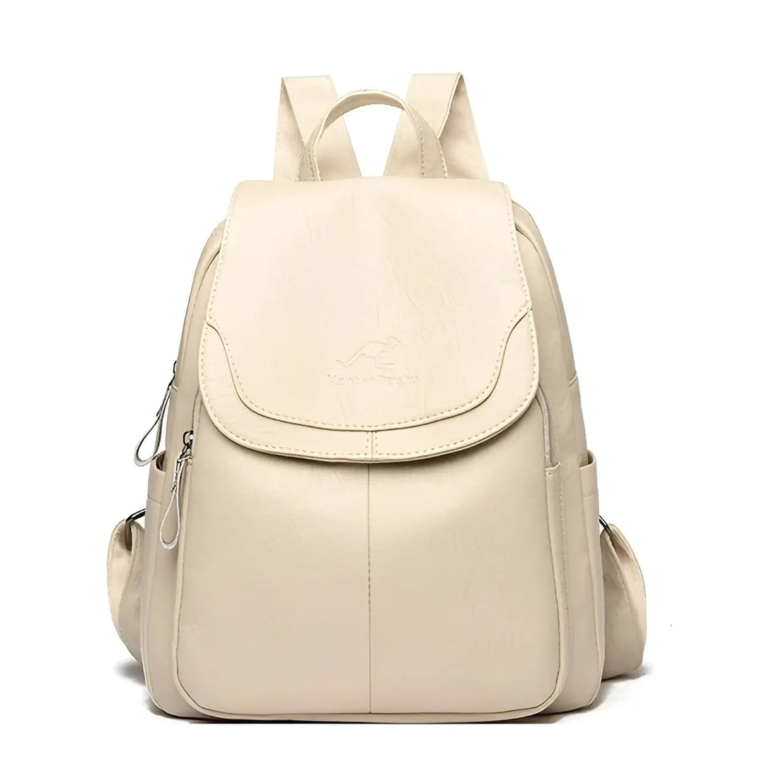 Authentic women's vintage leather anti-theft backpack with secure top flap & zippered pockets.
