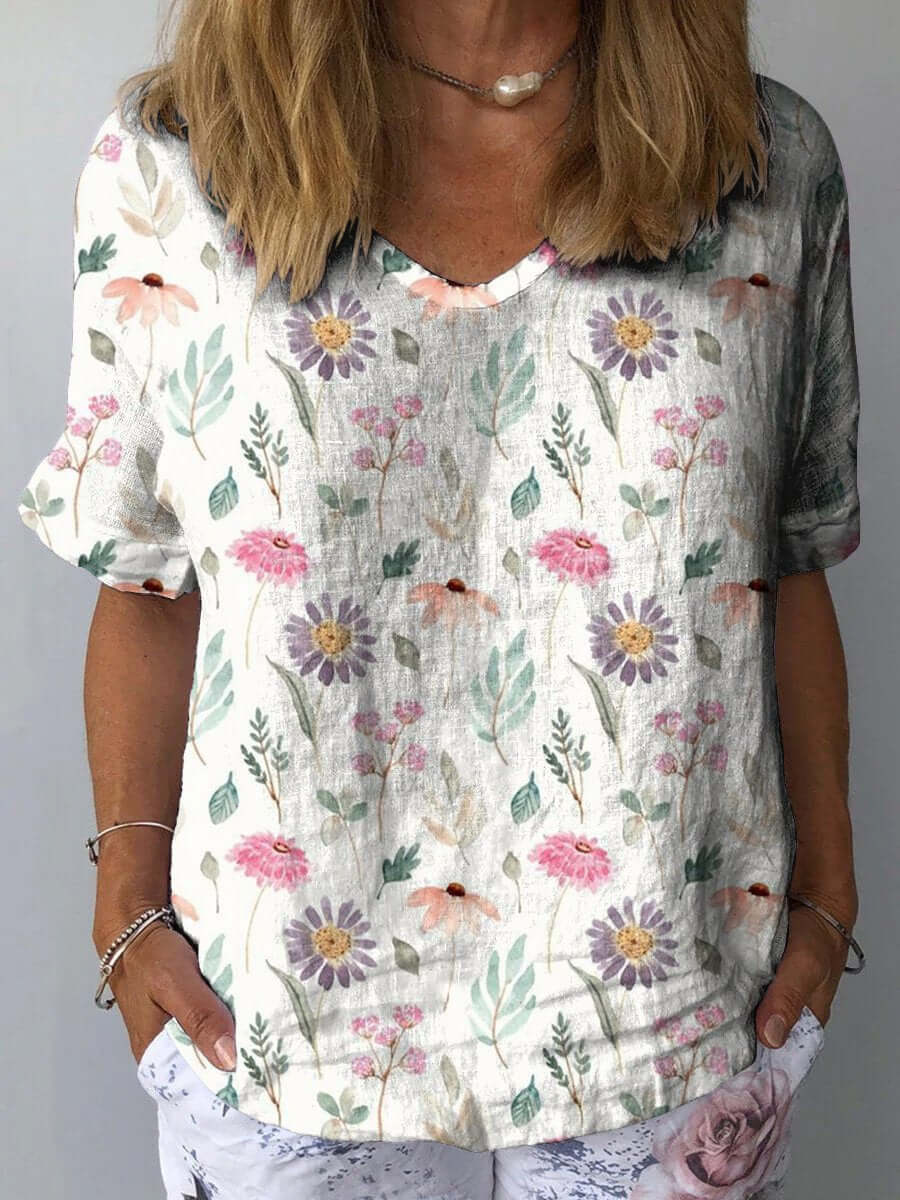 Women's vintage floral cotton linen shirt, perfect for casual summer wear. Breathable & relaxed fit blouse.