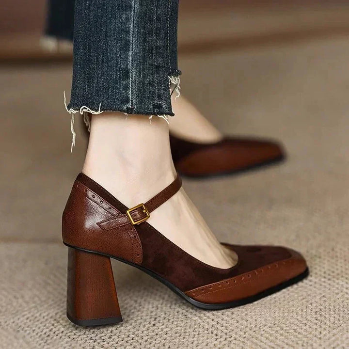 Women's vintage Florence block heel pumps with ankle strap and square toe, retro style.