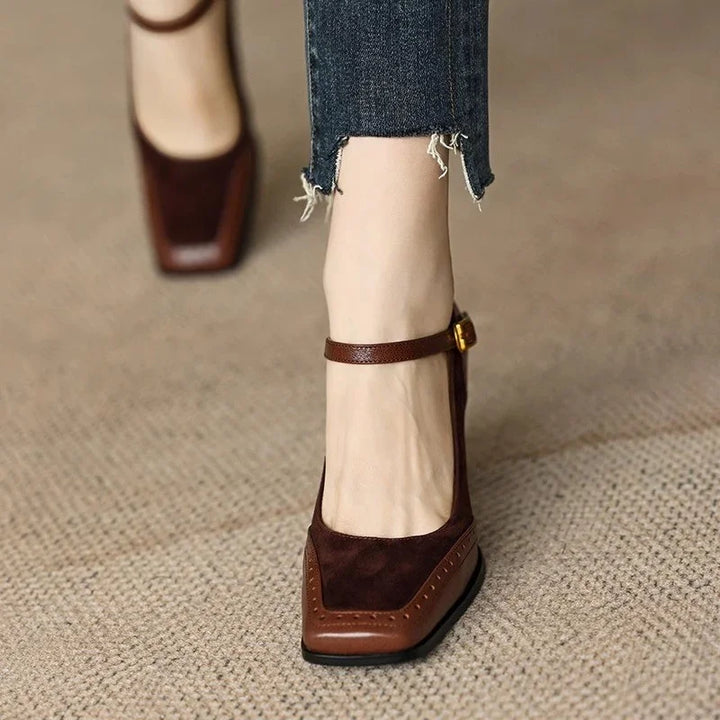 Classic women's square toe brogue pumps with comfortable block heel, vintage design.