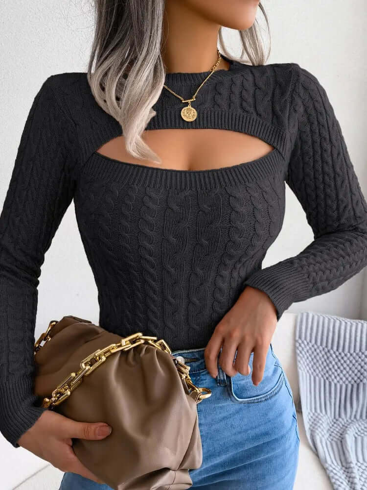 Soft women's cozy knit pullover sweater in vintage style, perfect warm apparel for chilly autumn days.