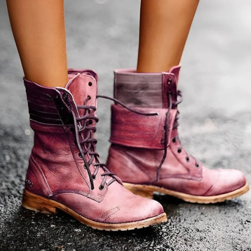 Women's vintage lace-up combat ankle boots. Edgy, rugged fashion footwear for autumn & winter streetwear.