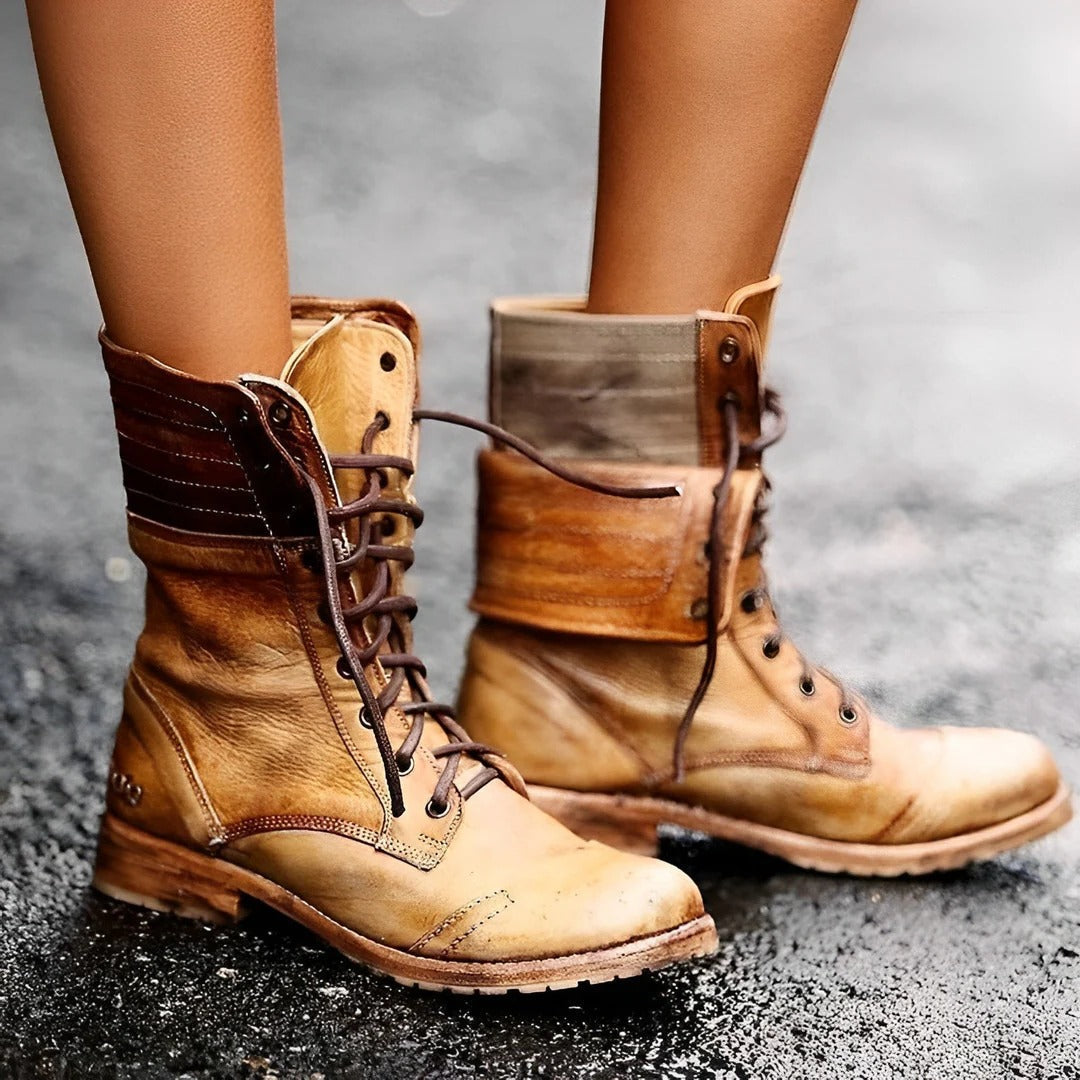 Stylish women's vintage combat ankle boots with lace-up detail. Rugged streetwear for autumn & winter fashion.