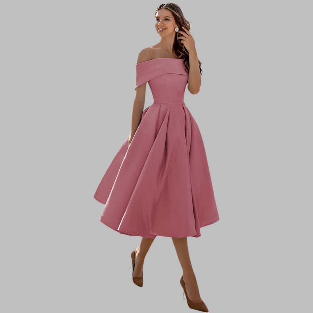 Chic women's off-shoulder party dress, vintage A-line tea-length design.
