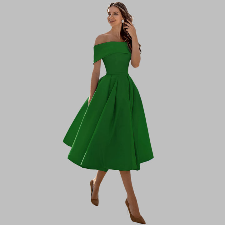 Elegant tea-length off-shoulder vintage dress for women's special events.