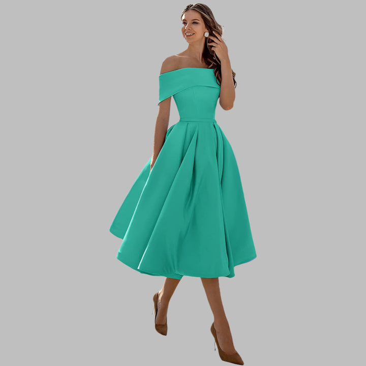 Women's A-line off-shoulder prom gown, vintage tea-length formal style.