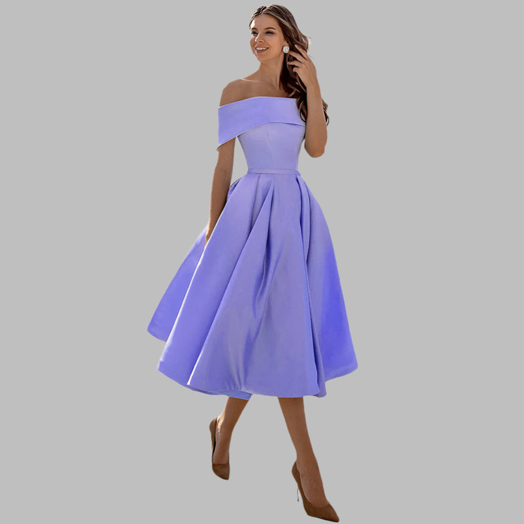 Classic vintage off-shoulder tea-length evening dress for women.