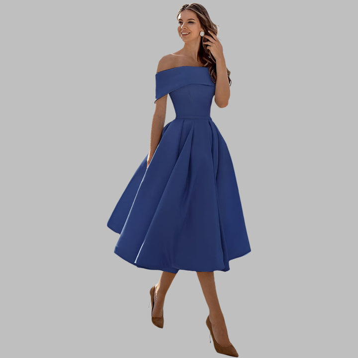 Women's vintage-inspired off-shoulder A-line party dress, tea-length.