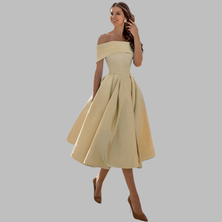 Elegant off-shoulder formal gown for women, vintage A-line style, tea length.